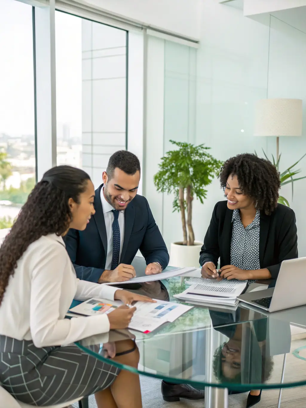 A professional image of a diverse team collaborating around a table, analyzing financial reports and discussing strategies, symbolizing teamwork and expertise in financial analytics.