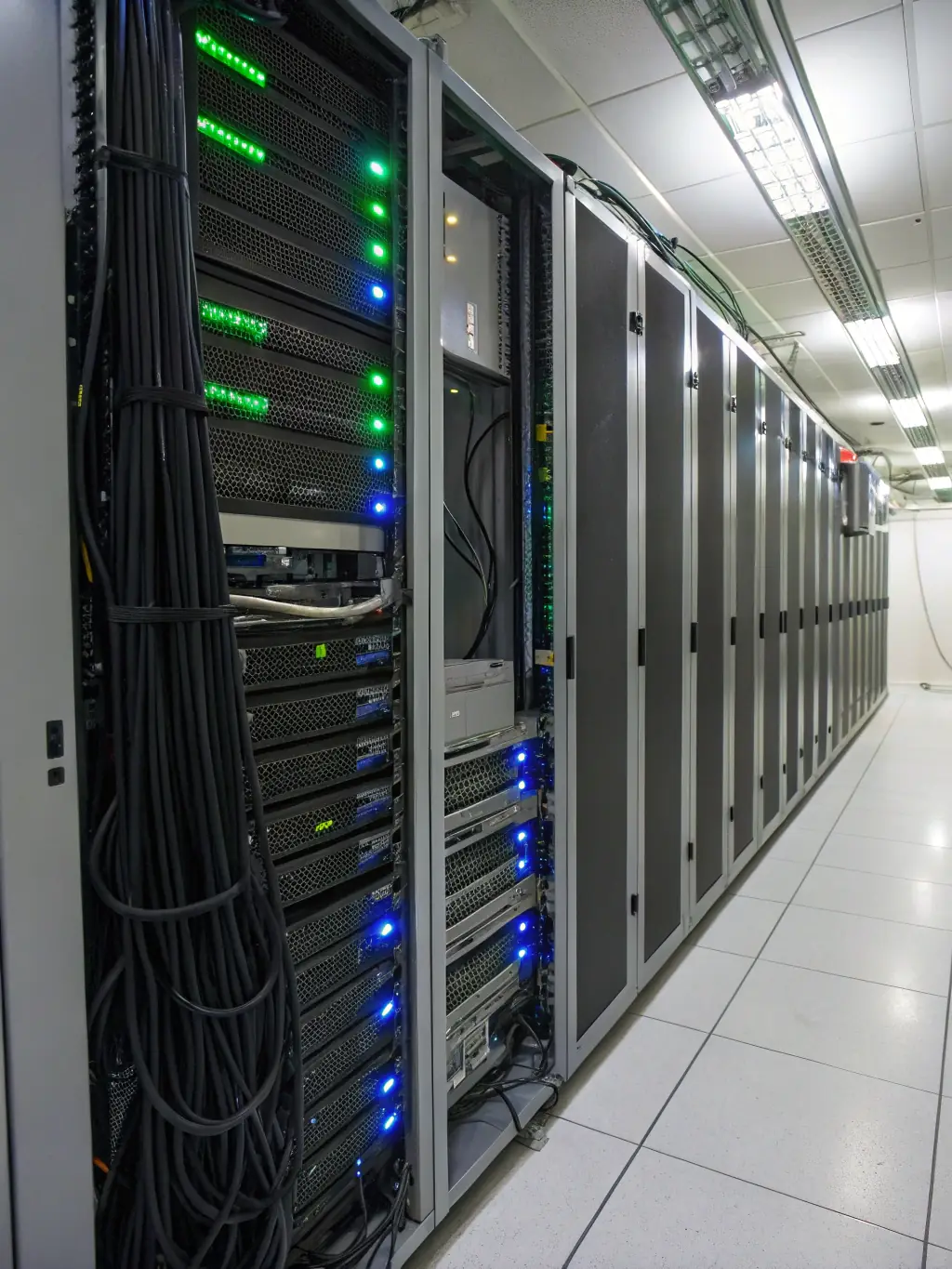An image of a secure data server room with blinking lights, symbolizing the robust security and reliability of SaqePayments' data infrastructure.