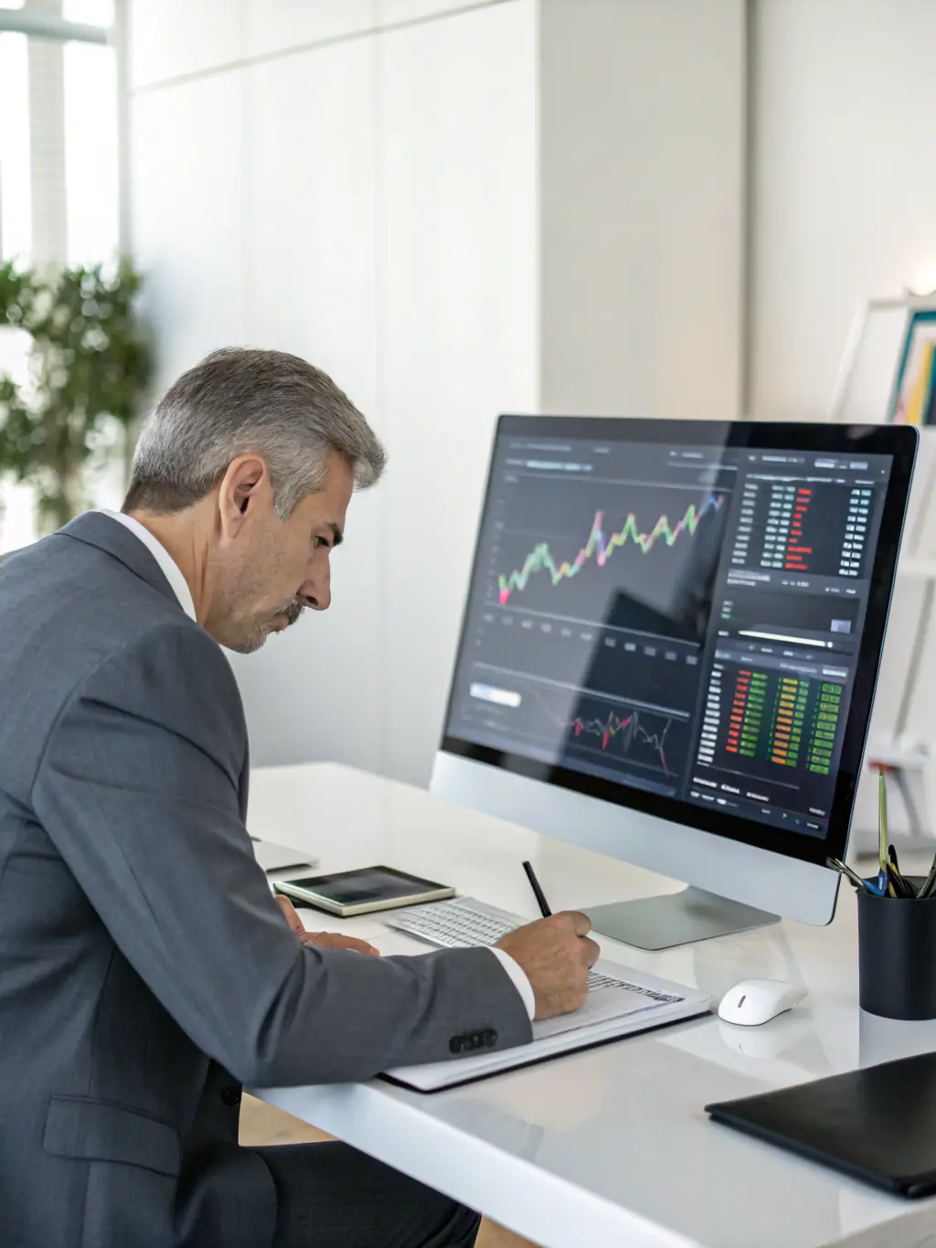 A professional businessman analyzing financial data on a computer screen, showcasing SaqePayments.com's analytics platform.